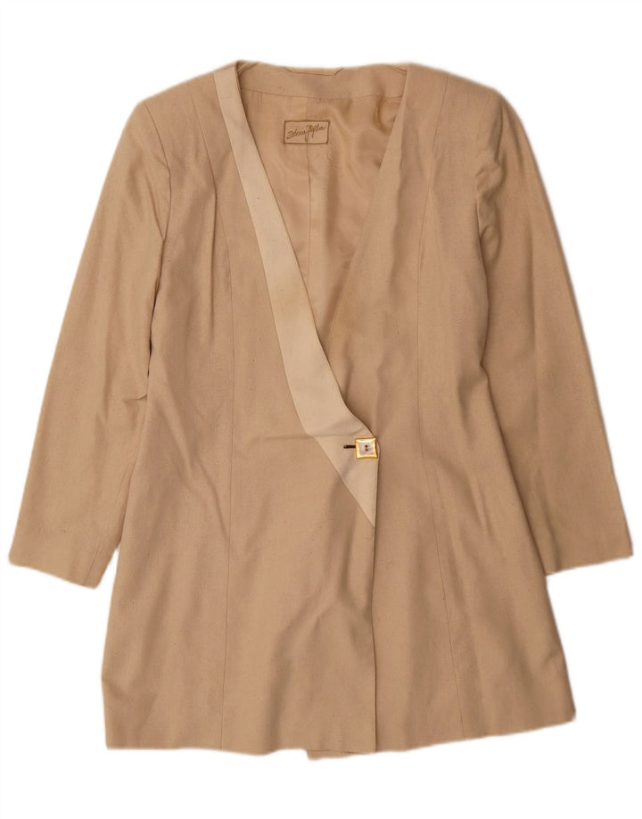 Vintage mujer longline 1 botón Blazer chaqueta Reino Unido 10 pequeña seda beige