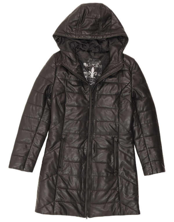 Maddox Abrigo acolchado de cuero con capucha para mujer UK 42 Medium Black Leather