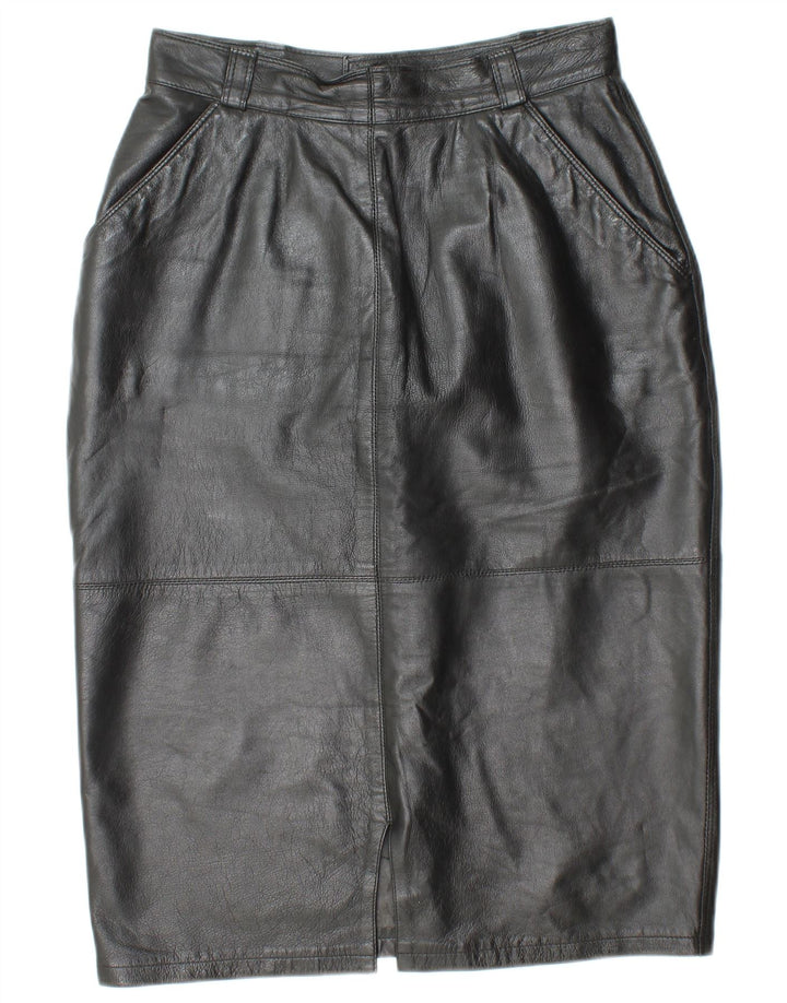 VINTAGE Falda de cuero de cintura alta para mujer IT 44 Medio W26 Cuero negro