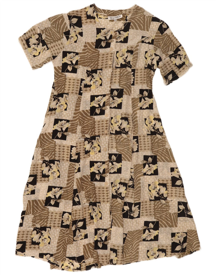 Vintage mujer vestido de té Reino Unido 14 medio beige patchwork seda