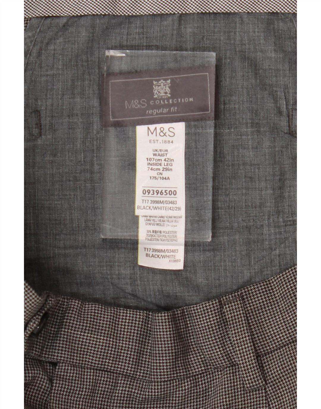 Marks & Spencer Pantalón de traje de corte regular para hombre W42 L29 Pata de gallo negra