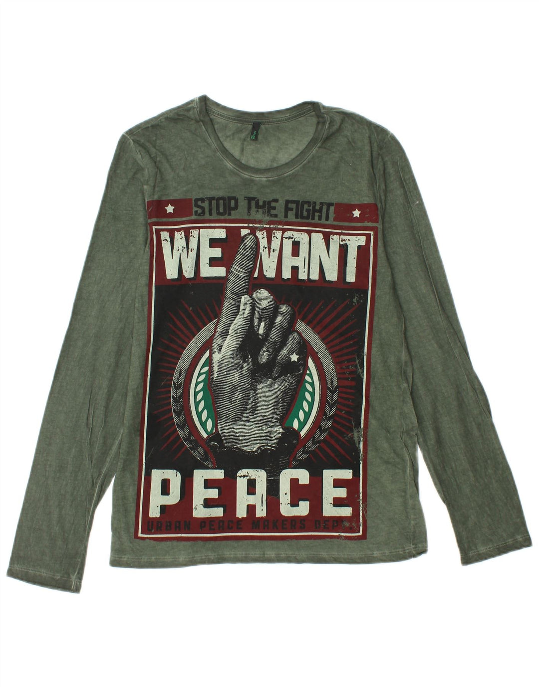 BENETTON Top Gráfico De Manga Larga De Algodón Verde Pequeño Para Hombre