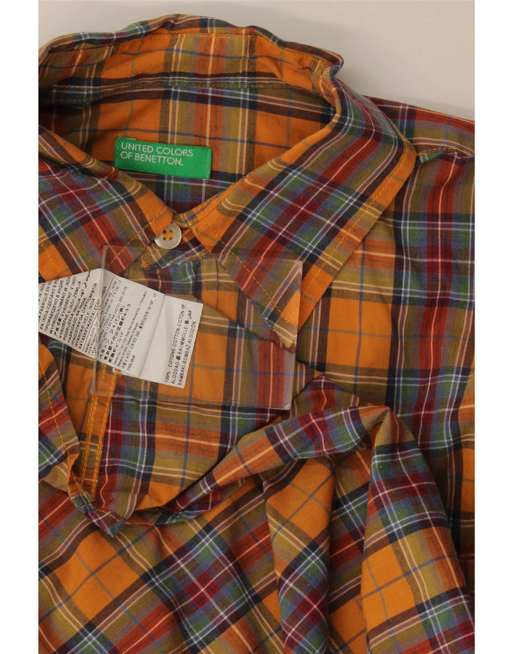 Camisa Benetton Hombre Naranja Mediana De Algodón A Cuadros