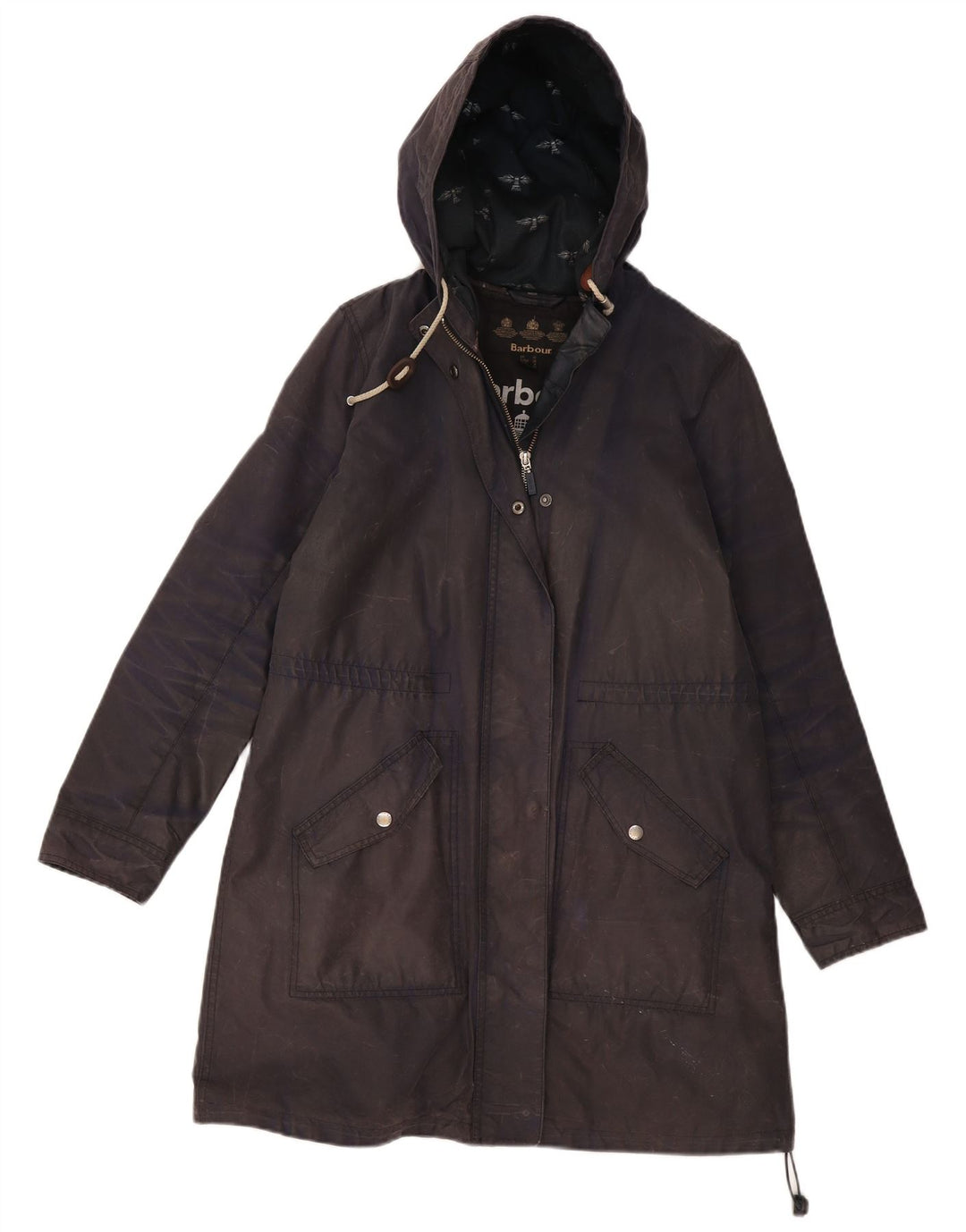 Barbour Chaqueta Parka Encerada Con Capucha Para Mujer UK 12 Medium Azul Marino