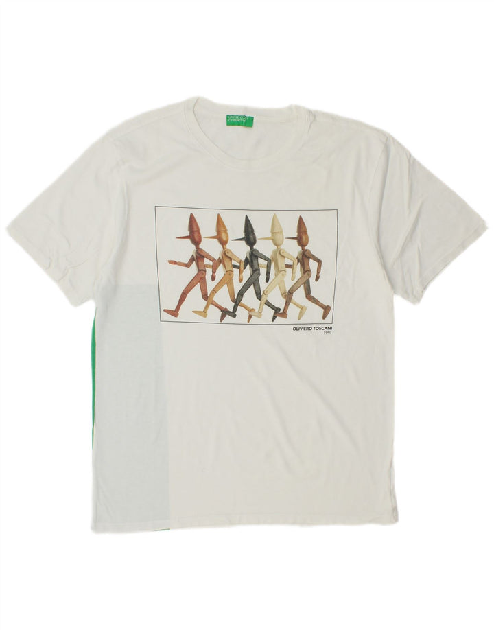 BENETTON Camiseta gráfica para hombre Top mediano de algodón color block blanco
