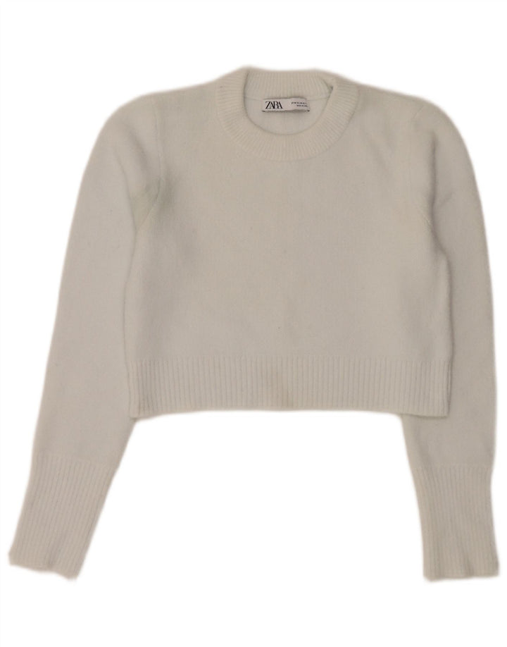 Zara - Jersey corto con cuello redondo para mujer, talla 40, nailon blanco mediano