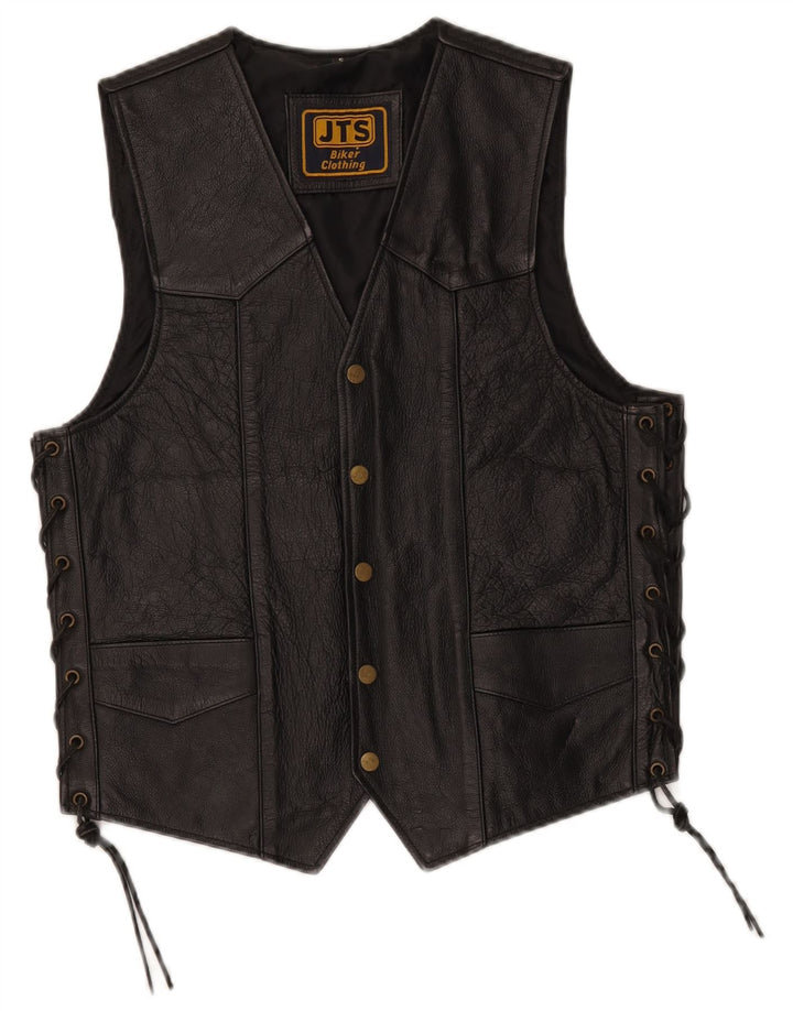 JTS Chaleco de cuero para hombre estilo motero pequeño negro
