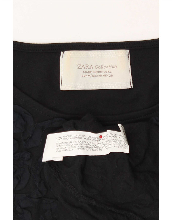Zara - Camiseta con estampado abstracto para mujer, talla 40, talla M, algodón negro