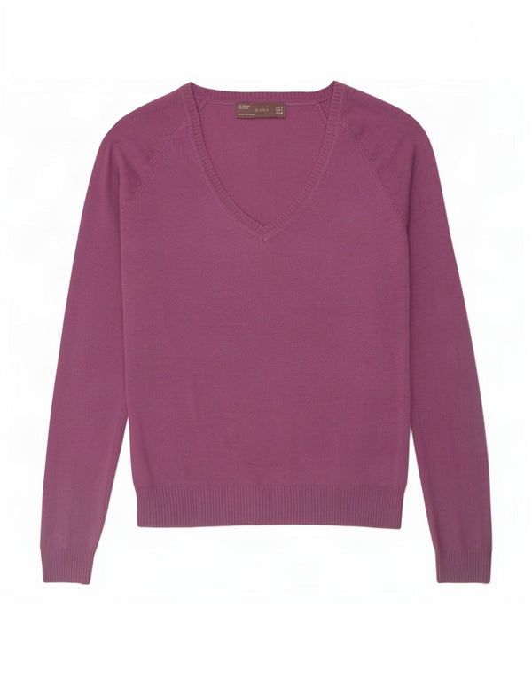 Zara Mujer Jersey con Cuello en V Jersey UK 10 Small Algodón Púrpura