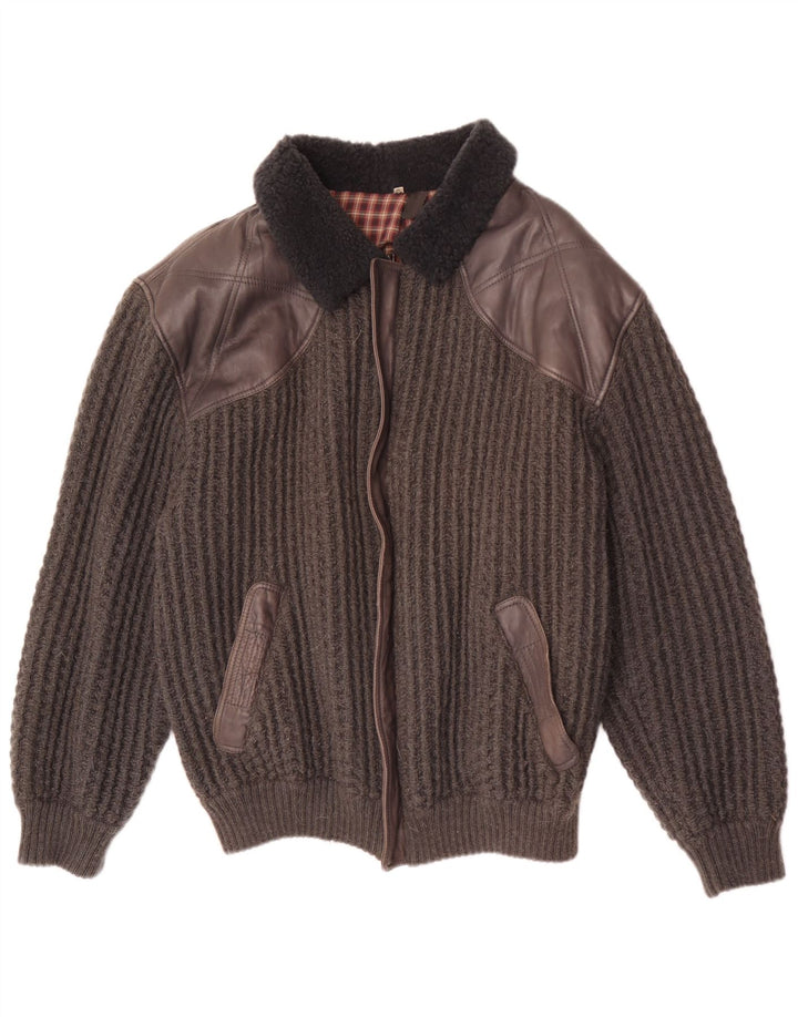 Chaqueta bomber de punto vintage para hombre IT 54/56 XL Lana gris colorblock
