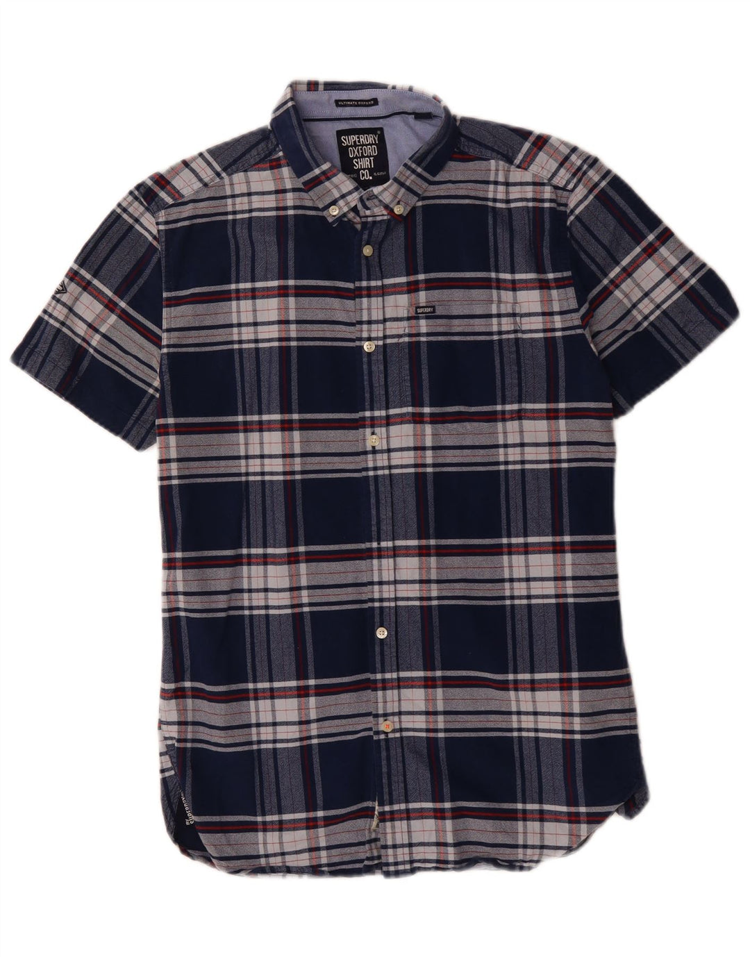 SUPERDRY Hombre Camisa De Manga Corta De Algodón A Cuadros Azul Marino Medio