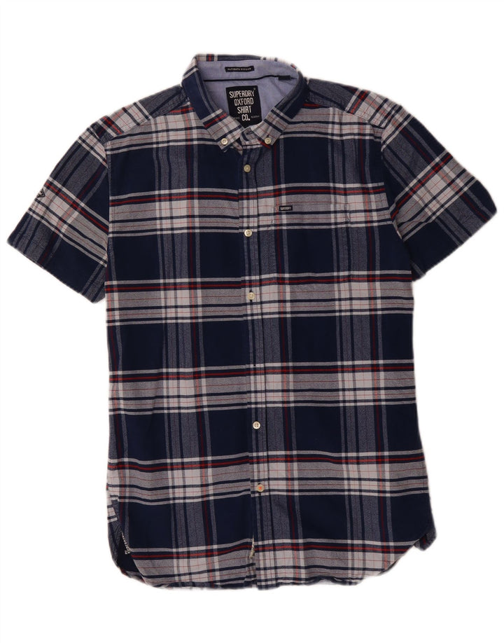 SUPERDRY Hombre Camisa De Manga Corta De Algodón A Cuadros Azul Marino Medio
