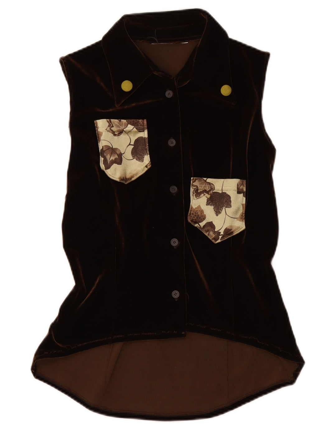 VINTAGE Mujer Velour Camisa Sin Mangas Blusa Reino Unido 12 Marrón Medio Floral