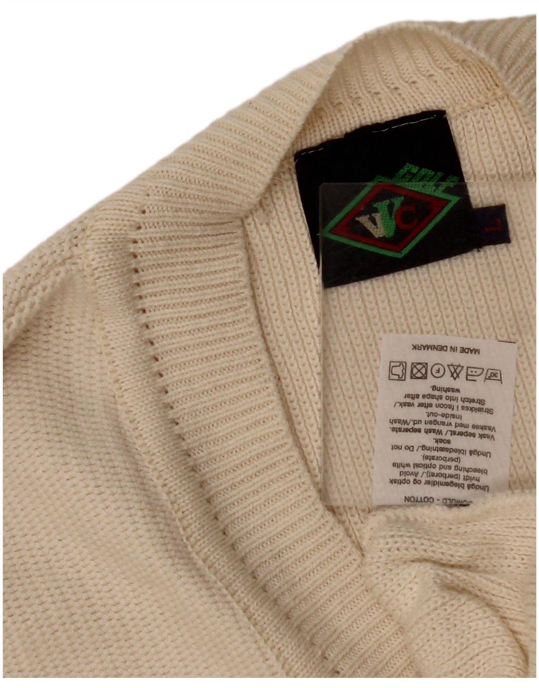 VINTAGE Hombres V-Cuello Jumper Suéter Grande Algodón Beige