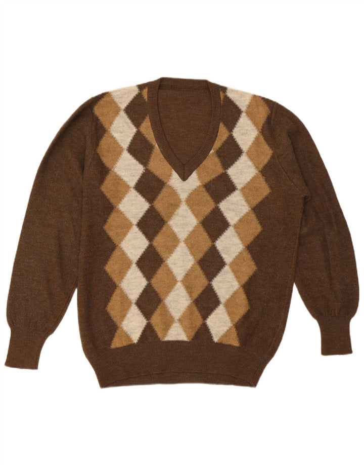 Vintage hombres V-cuello jumper suéter grande marrón Argyle/Diamond