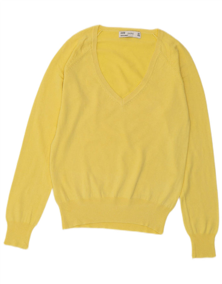 ZARA Jersey con cuello en V para mujer UK 44 Large Algodón amarillo