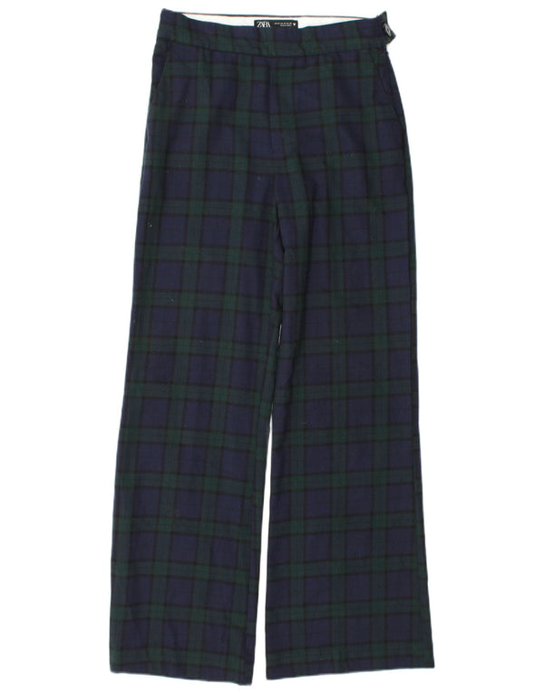 Zara Mujer Pantalón Chino De Pernera Ancha XS W24 L30 Poliéster A Cuadros Azul Marino