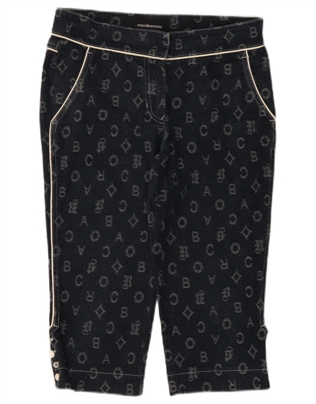 Roccobarocco Pantalones Capri para Mujer IT 42 Medium W28 L17 Azul Marino Geométrico