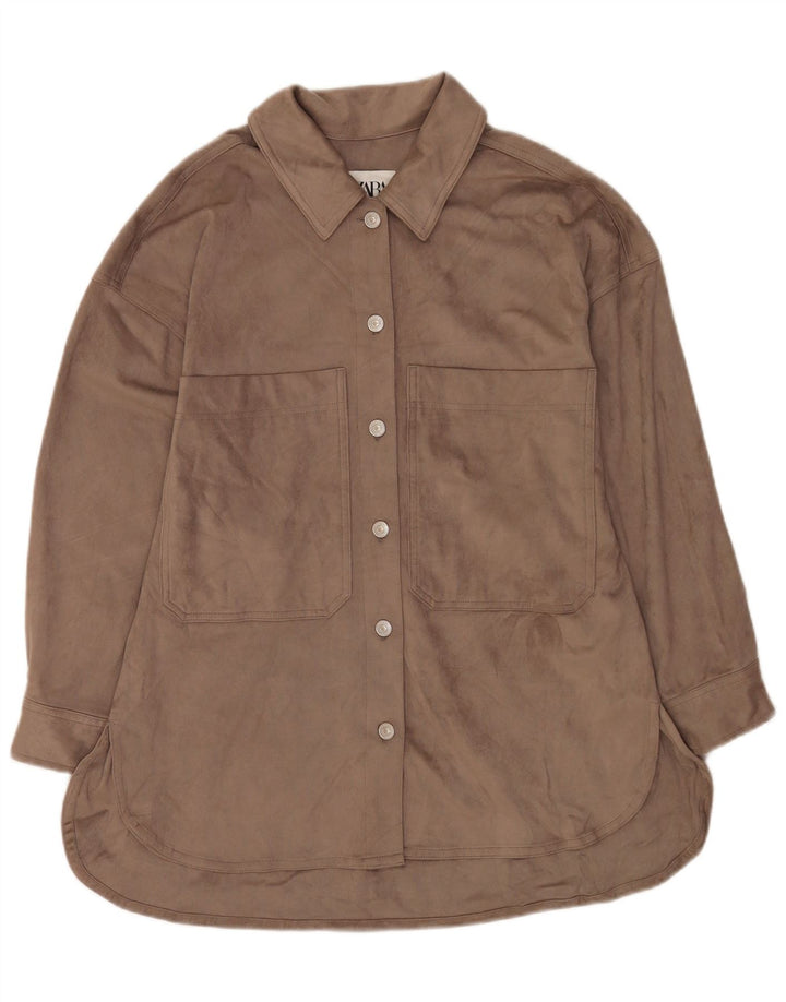 Zara Mujer Velour Camisa UK 44 Poliéster Gris Medio