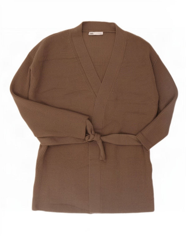 Zara Mujeres Longline Cardigan Suéter UK 46 Grande Acrílico Marrón