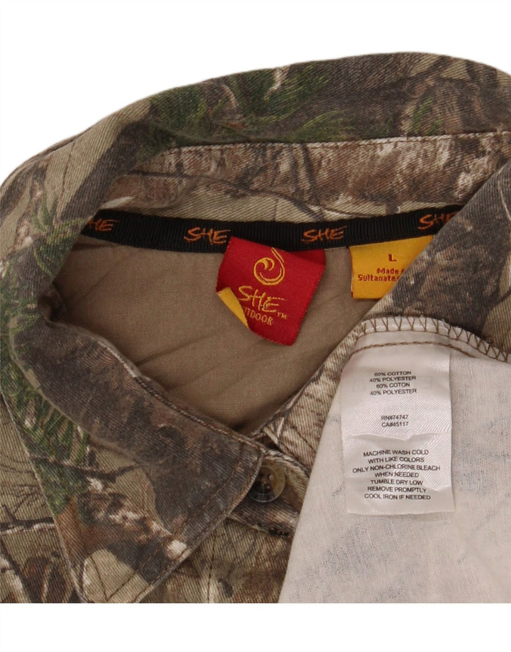 VINTAGE Camisa de patrón abstracto para mujer Reino Unido 16 Algodón de bloque de color caqui grande