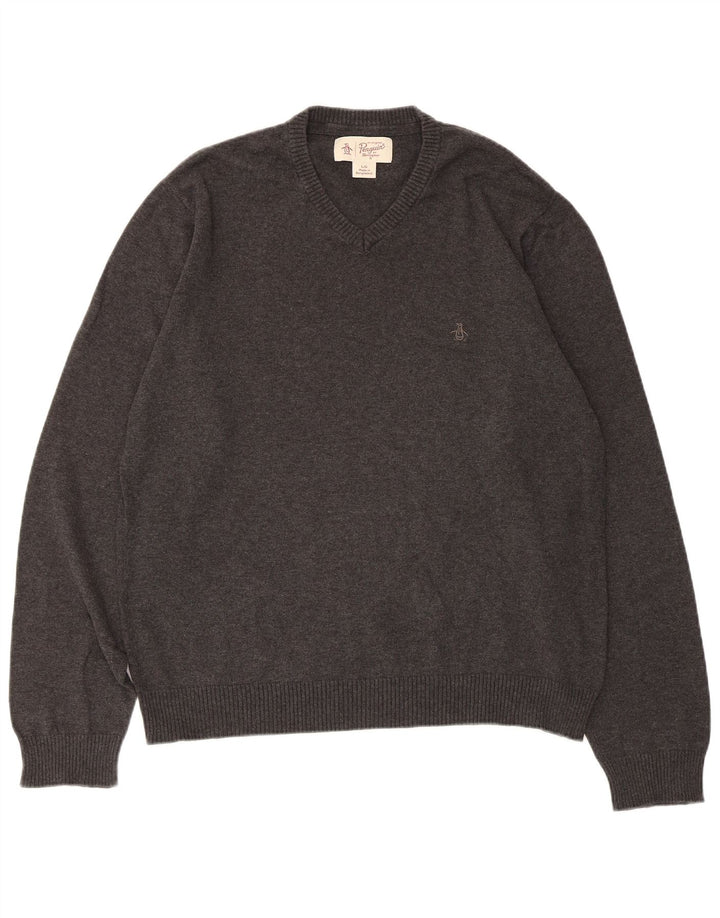 Penguin - Jersey con cuello en V para hombre, talla grande, algodón gris