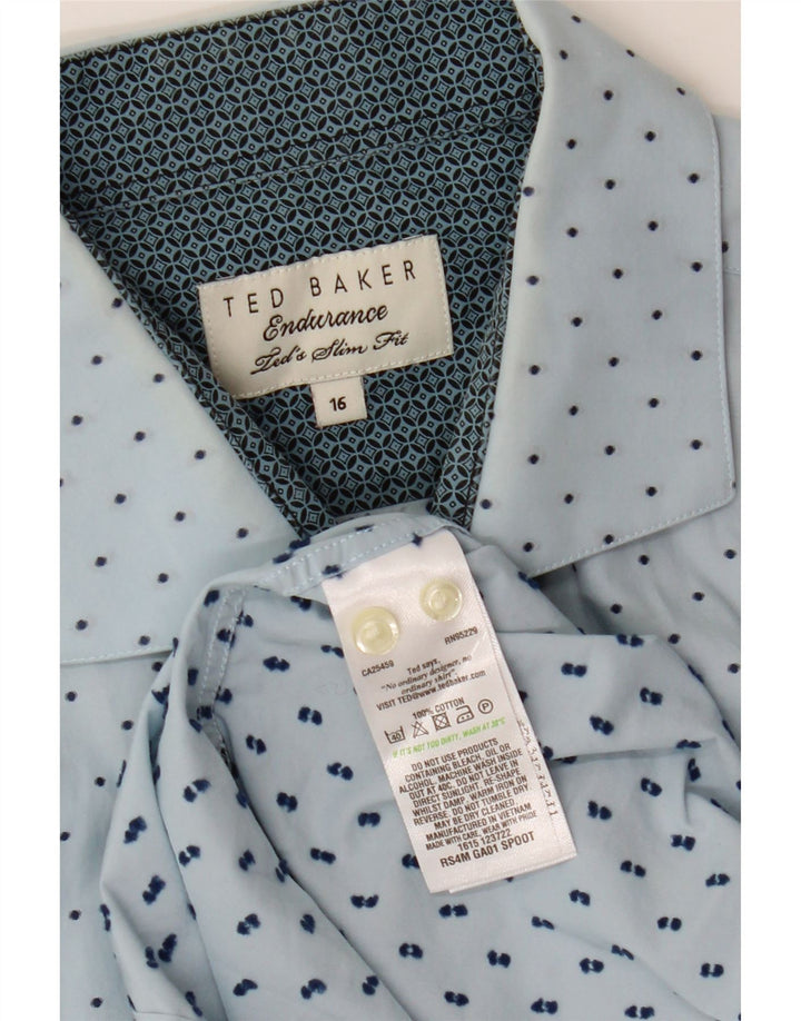 TED BAKER Camisa ajustada para hombre talla 16 Algodón de lunares azules grandes