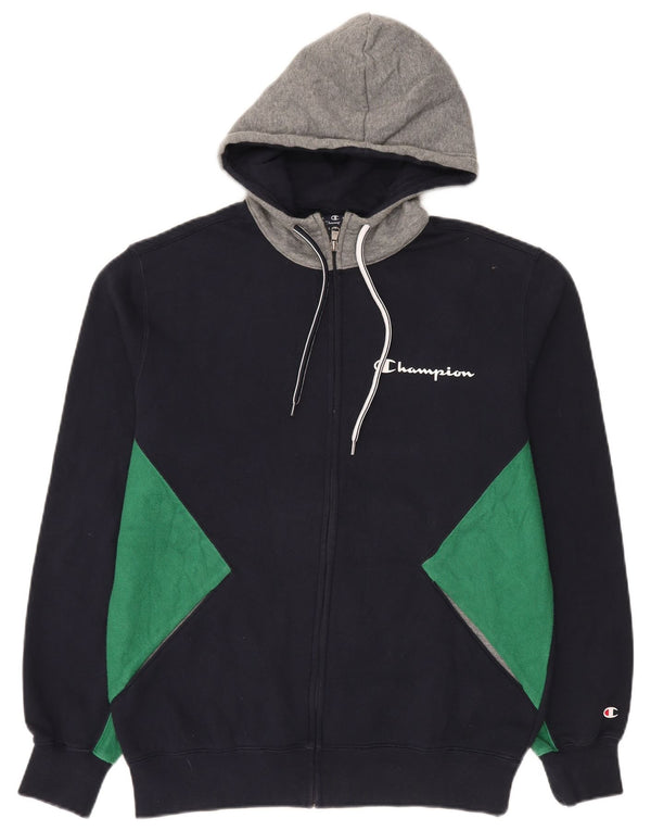 Champion Sudadera con capucha y cremallera para hombre, talla grande, algodón azul marino con bloques de color