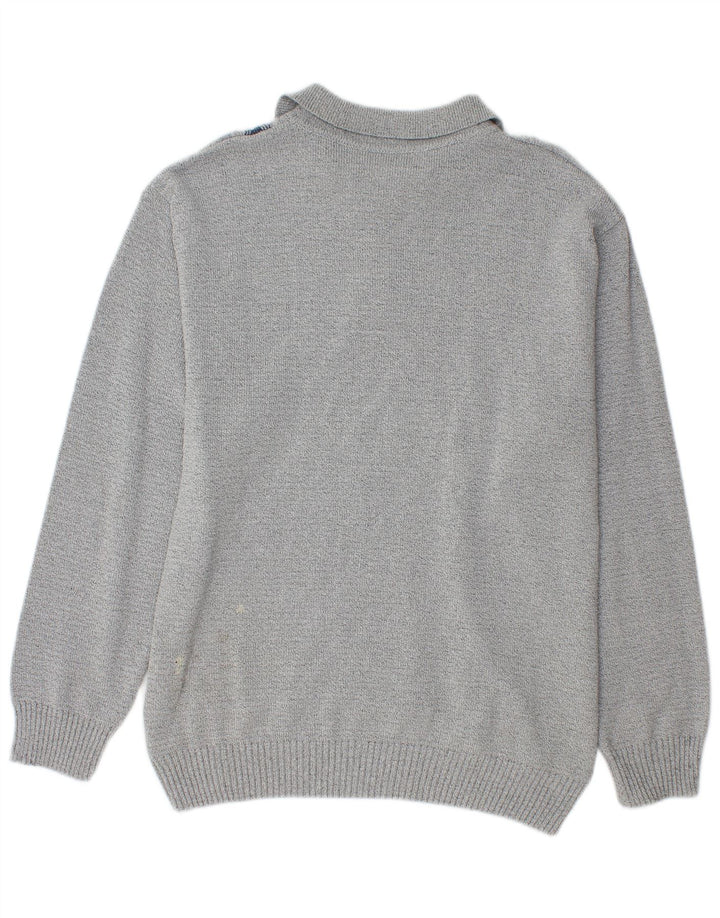 Vintage hombres polo cuello jersey suéter medio gris geométrico