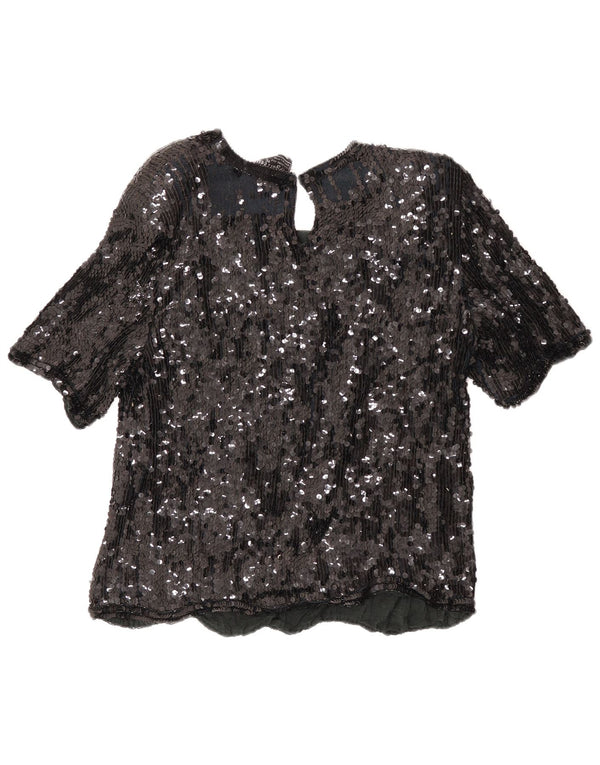 Vintage mujer noche cosecha lentejuelas blusa Top Reino Unido 18 XL negro floral seda