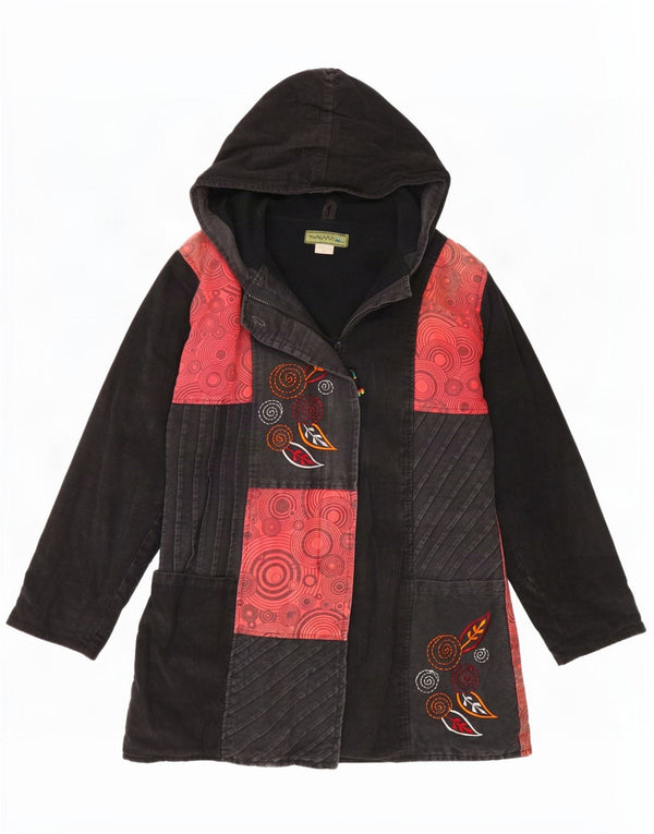 Abrigo cortavientos con capucha vintage para mujer UK 46 Algodón de patchwork negro grande
