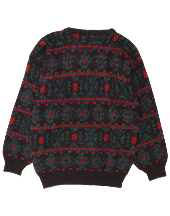 Vintage hombres cuello redondo jersey suéter medio gris geométrico