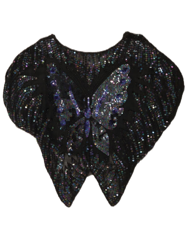 Vintage mujeres ver a través de blusa de lentejuelas Top Reino Unido 14 mariposa negra grande