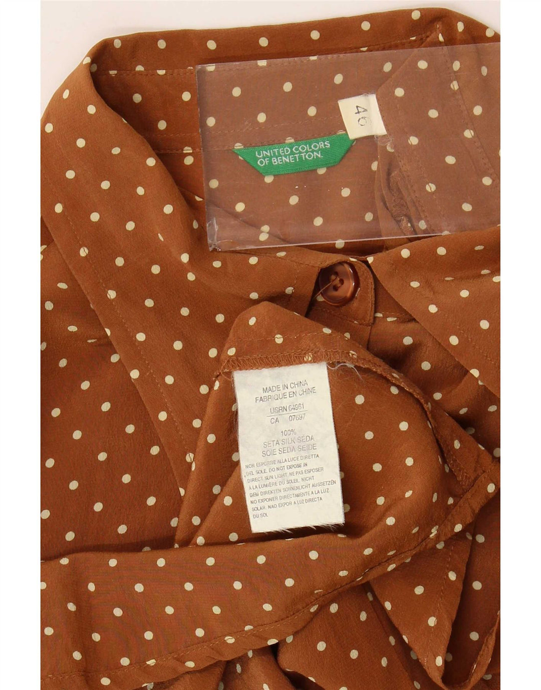 Benetton Blusa Camisera IT 46 Large Seda Marrón Moteada