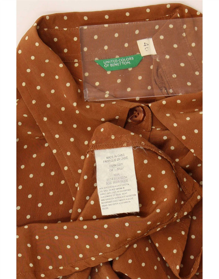 Benetton Blusa Camisera IT 46 Large Seda Marrón Moteada