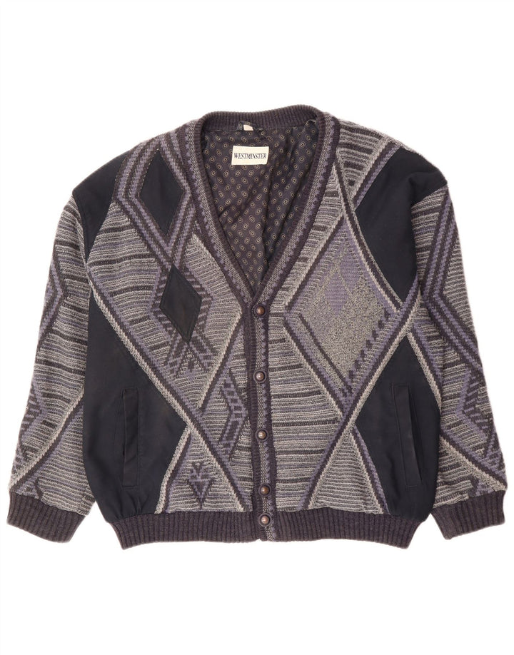VINTAGE Hombres Cardigan Suéter XL Gris Geométrico Acrílico