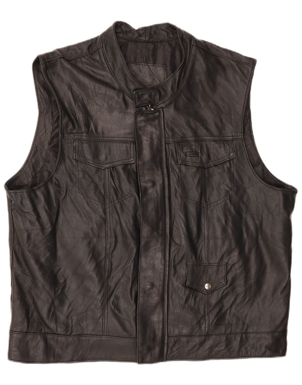Vintage hombres cuero Gilet Reino Unido 42 XL cuero negro