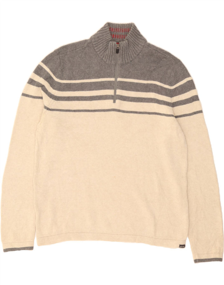 EDDIE BAUER Mens Zip Neck Jumper Sweater Medium Beige Colourblock Cotton Vintage Eddie Bauer and Second-Hand Eddie Bauer from Messina Hembry 