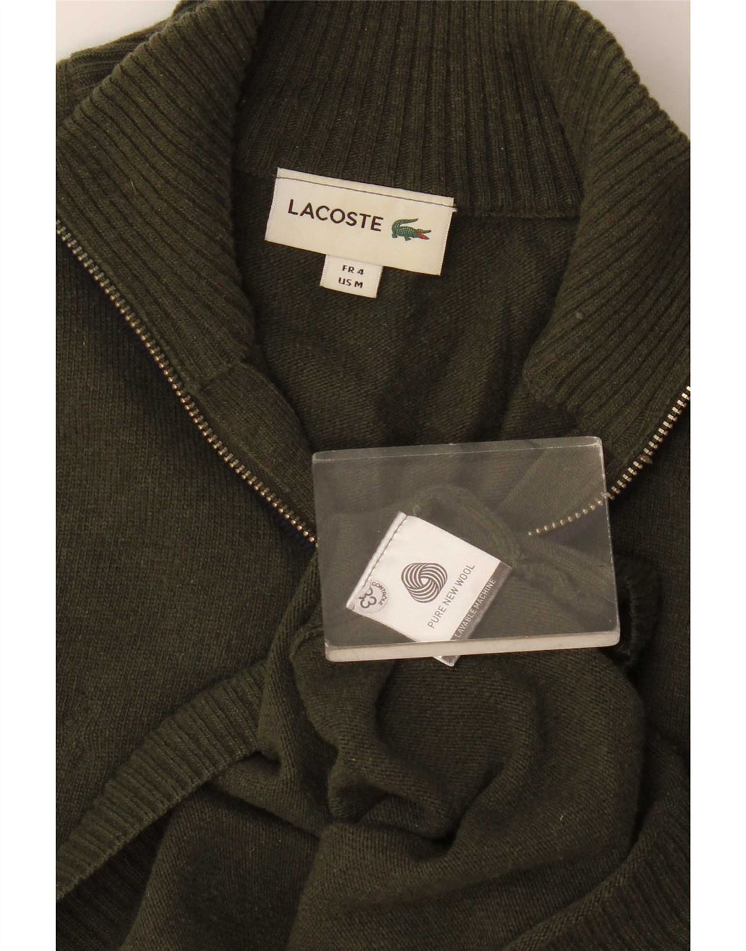 Lacoste - Jersey para hombre con cremallera y cuello, talla 4, mediana, color caqui, lana nueva