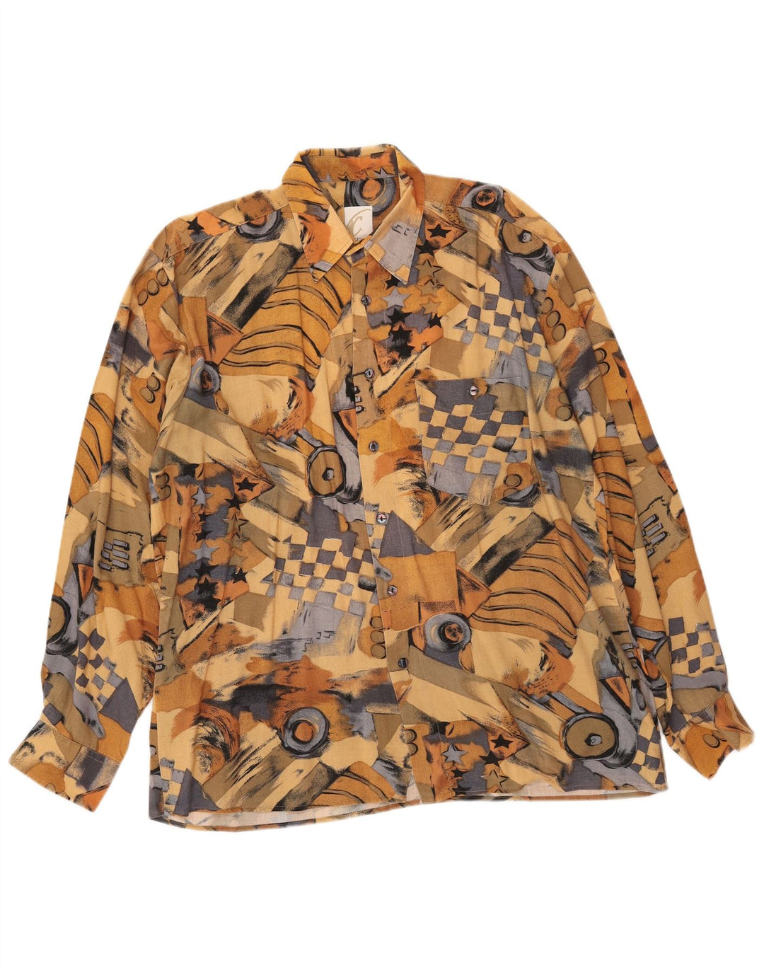 VINTAGE Hombres Patrón Abstracto Camisa Tamaño 41/42 Viscosa Marrón Grande