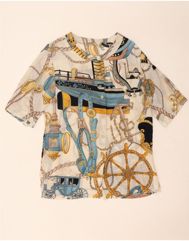 Vintage mujer patrón abstracto camisa de manga corta blusa Reino Unido 14 blanco grande