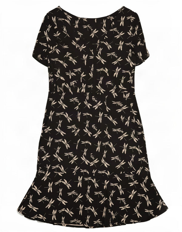 Vintage mujer patrón abstracto vestido de vaina Reino Unido 12 poliéster negro medio