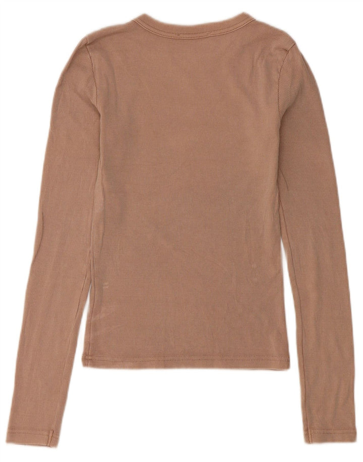 Zara Mujer Top Manga Larga UK 8 Pequeño Algodón Beige
