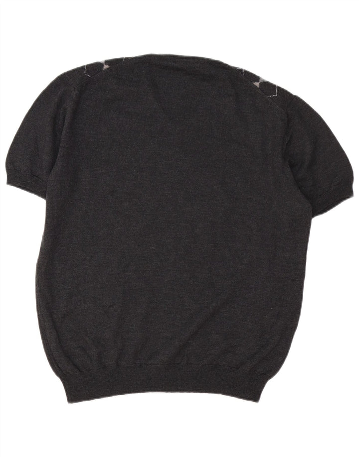 VINTAGE Mujer V-Cuello Jumper Suéter Reino Unido 16 Grande Gris Argyle/Diamond