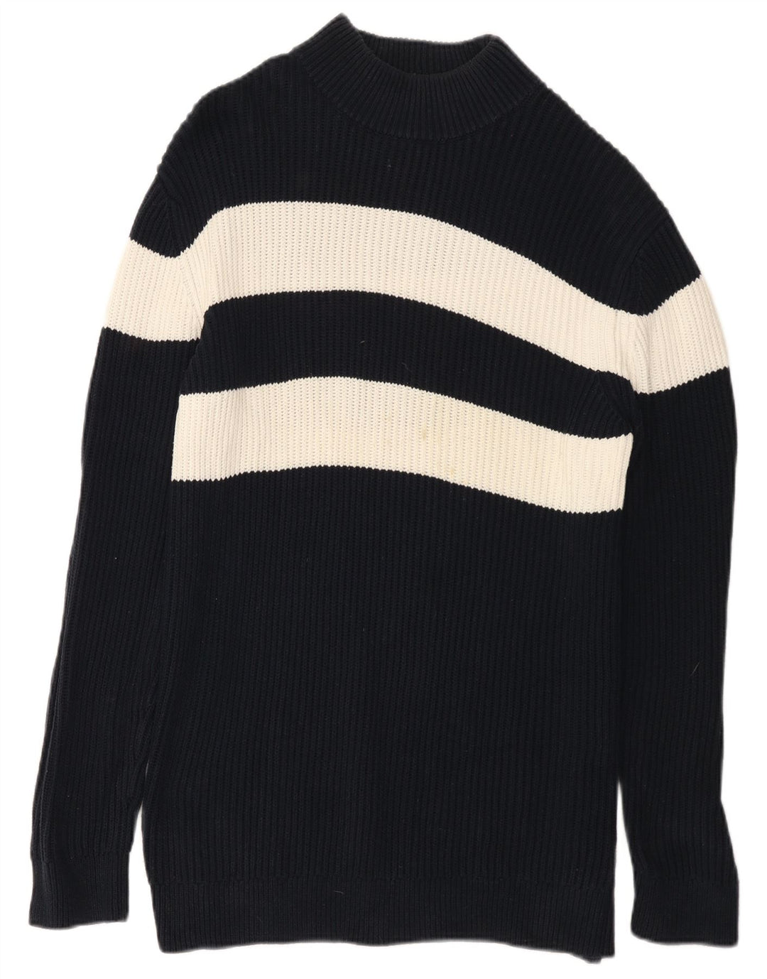 French Connection Suéter tipo jersey con cuello alto para hombre, color azul marino mediano, a rayas