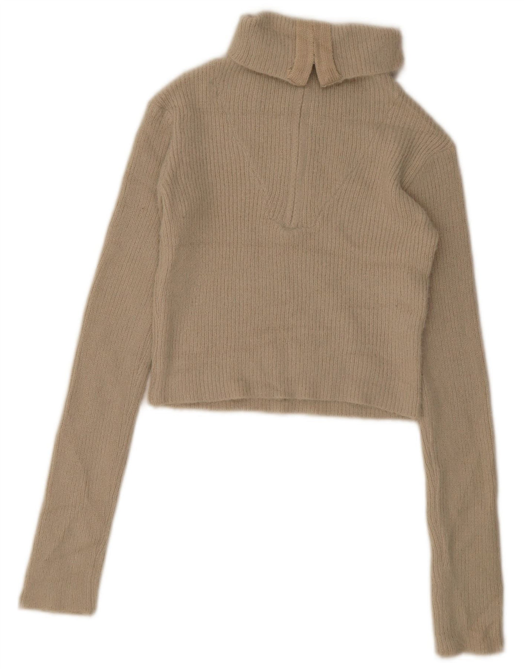 Zara Mujer Crop Zip Neck Jumper Sweater UK 12 Medium Beige