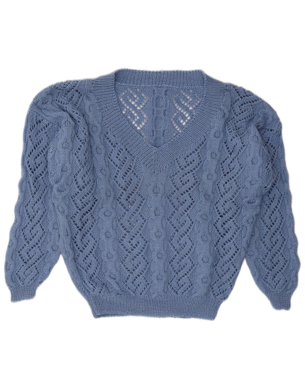 Vintage mujer V-cuello jumper suéter Reino Unido 16 azul grande