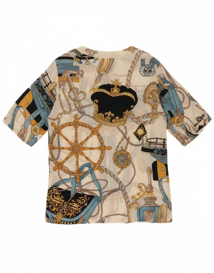 Vintage mujer patrón abstracto camisa de manga corta blusa Reino Unido 14 blanco grande