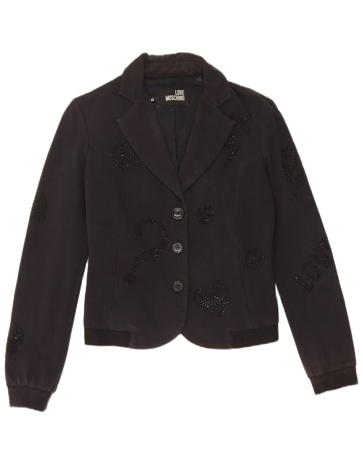 Moschino Mujer Crop Graphic 3 Botones Blazer Chaqueta UK 10 Small Negro