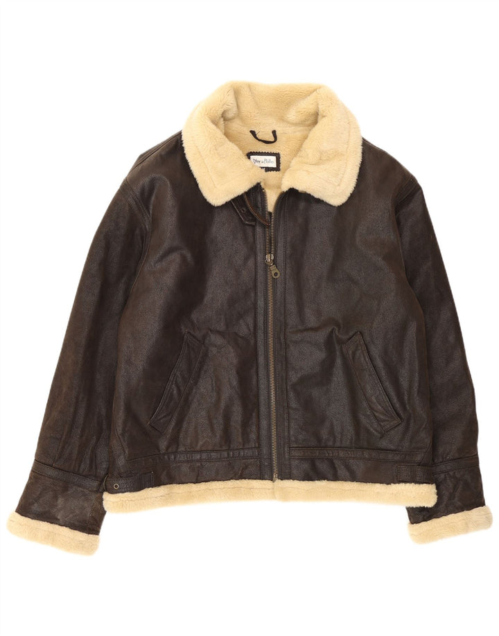 Chaqueta de cuero Sherpa vintage para hombre Reino Unido 38 Bloque de color marrón medio